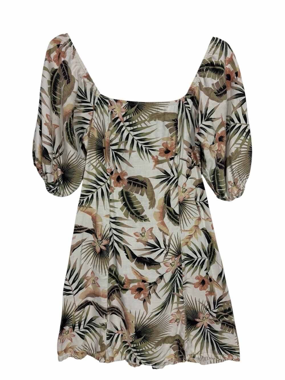 Billabong Palm Leaf Tropical Print Mini Dress Puff Sleeves Size Medium